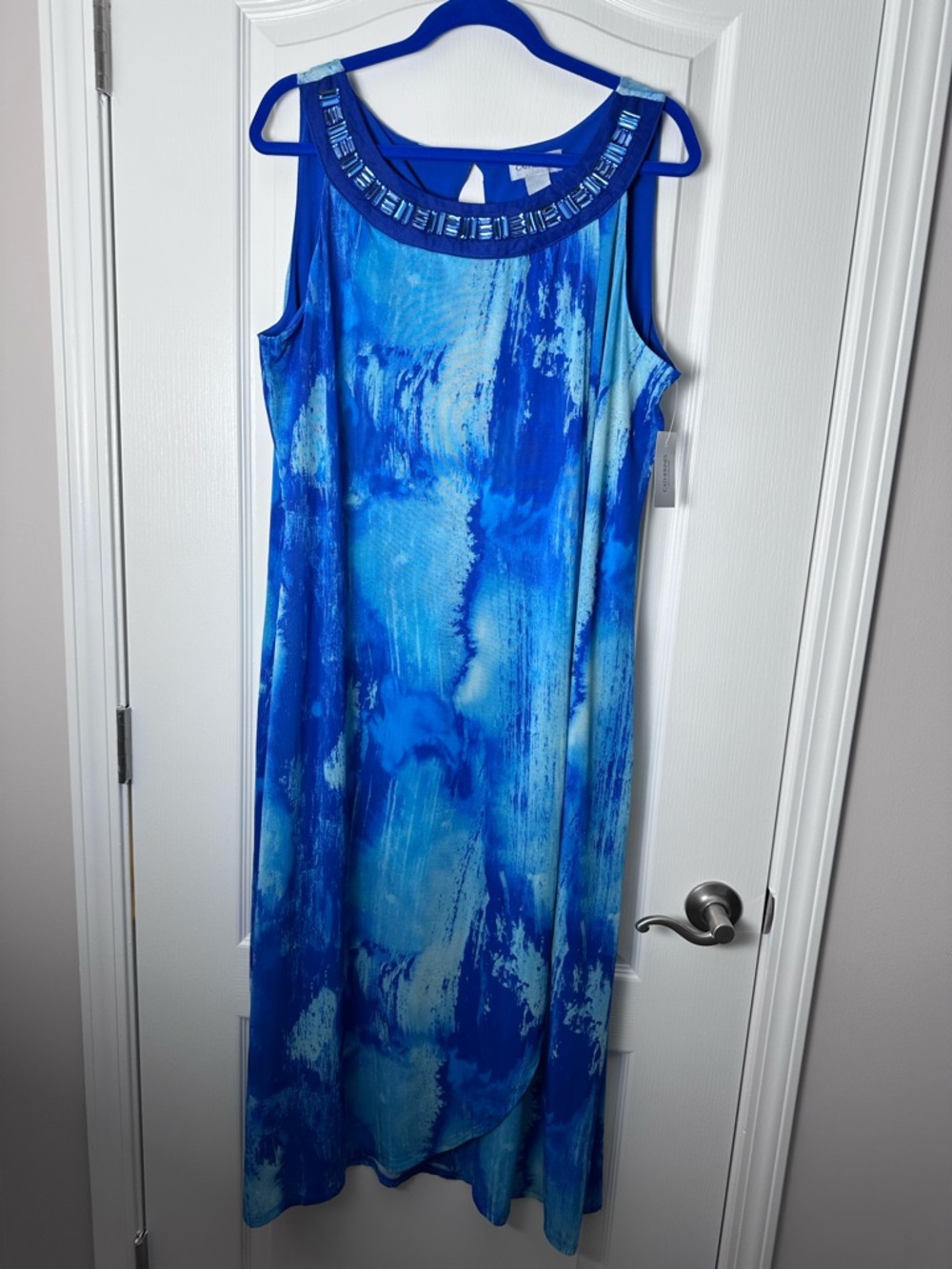 Catherines Blue Printed Sleeveless Maxi with Beaded Neckline